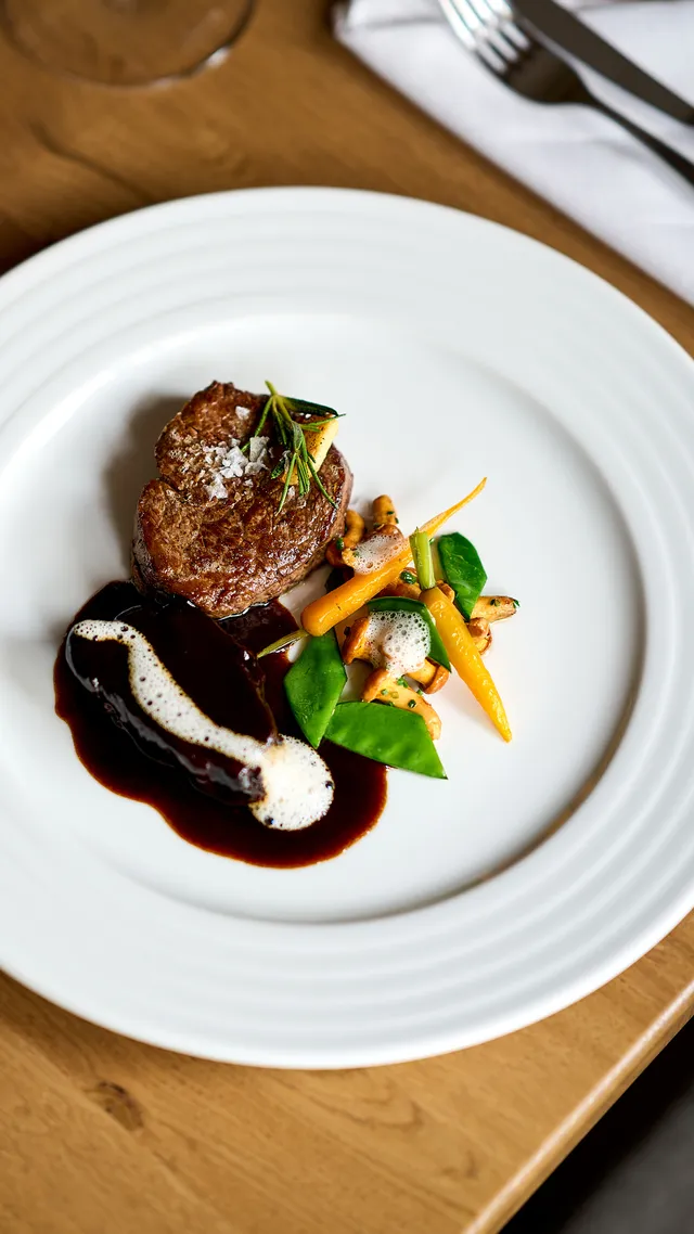 Gourmet-Steak mit Rotweinsauce, jungen Karotten, Zuckerschoten und Pilzen auf weißem Teller